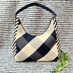 Talbots Cream Blue Gingham Linen & Leather Trim Hobo Zip Shoulder Bag Sz‎ Medium